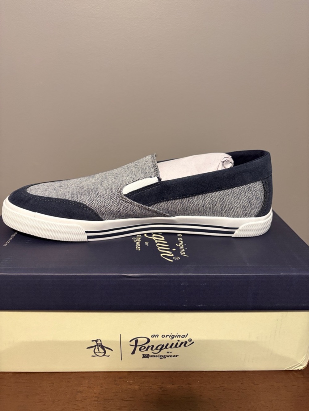 Men’s Original Penguin Gray Herringbone & Navy Slip-On Loafer Size 11.5 NIB